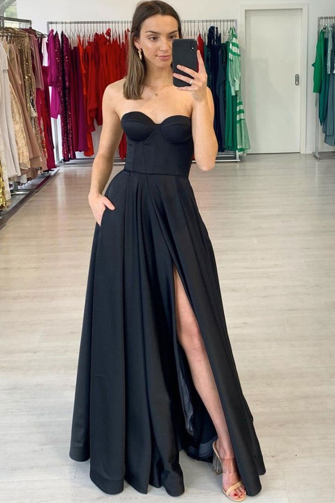 Strapless Black Satin Long Prom Dress ...